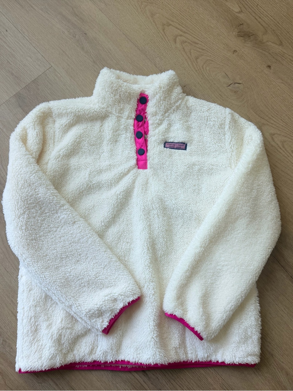Vineyard Vines Cream Fuzzy Pullover with Hot Pink Accents - Girls Size 14